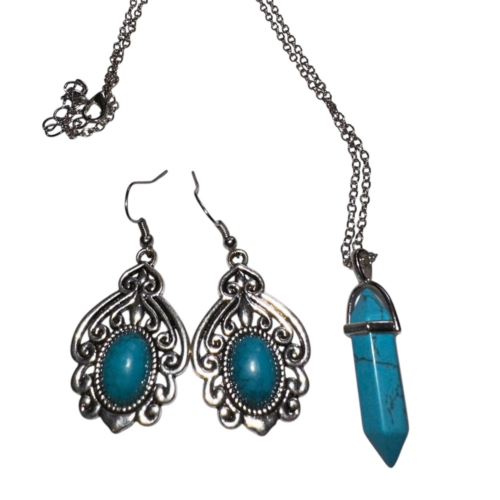Silver Turquoise Hook Earrings Hexagon Crystal Pendant Necklace Charm Jewelry